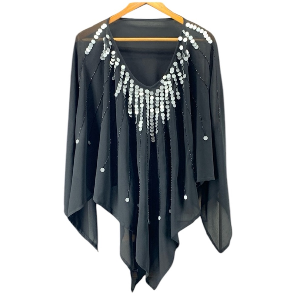 Women’s sheer black poncho with silver discs and black beads - one size